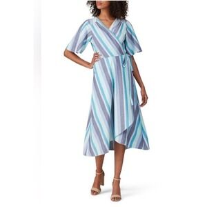 B Collection by Bobeau Orna Wrap Dress Blue Striped Midi Sleeveless M